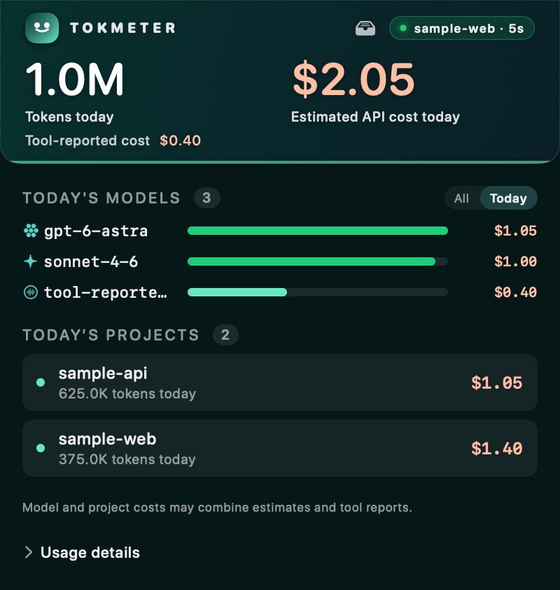 The menu bar popover in the Lagoon theme, showing sample data