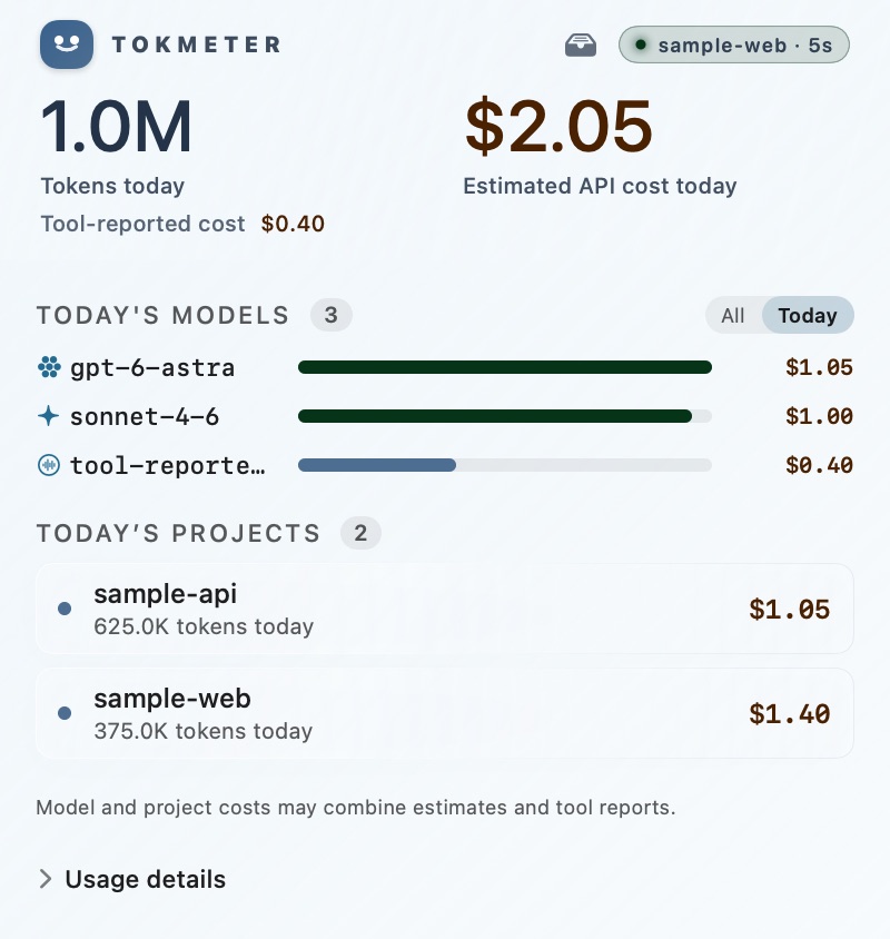 The menu bar popover in the Glass theme, showing sample data