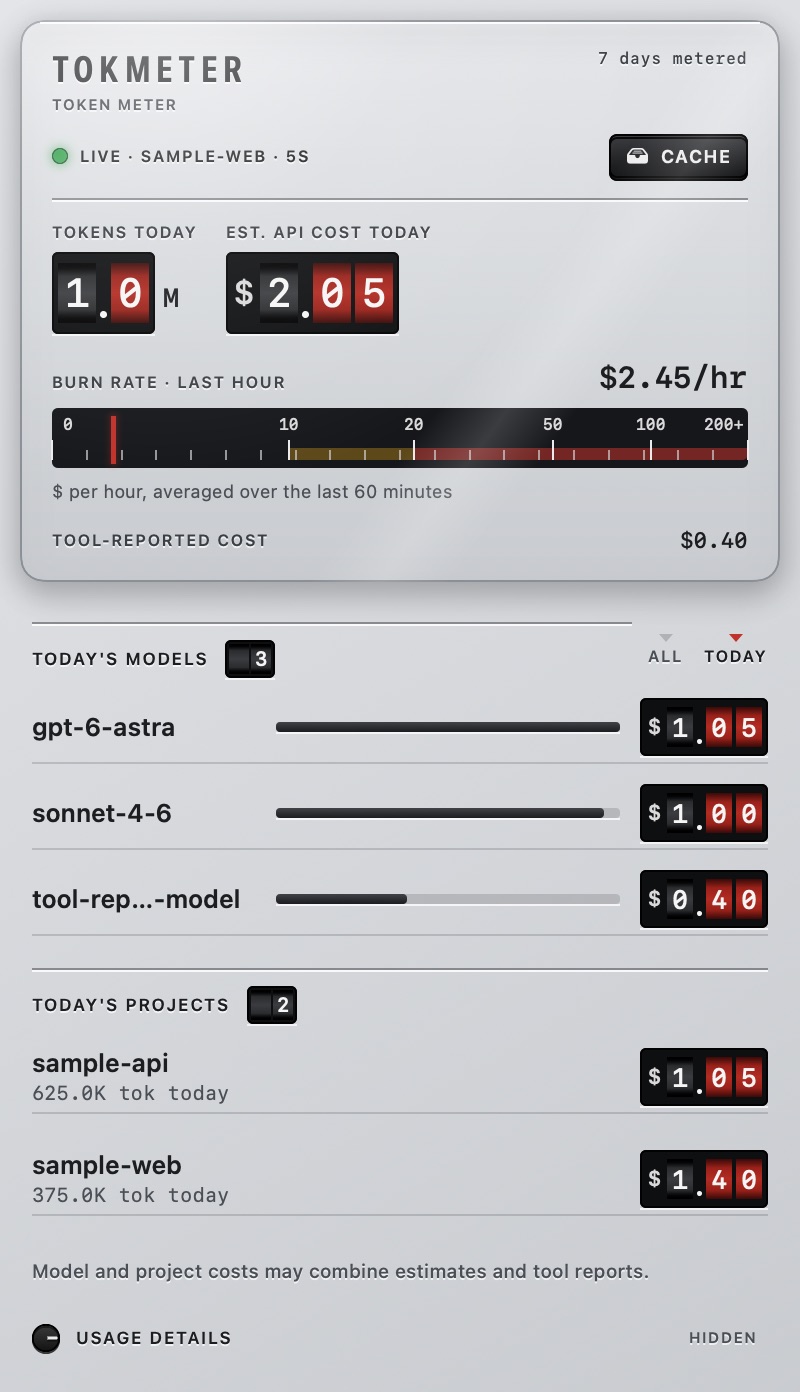 The menu bar popover in the Meter theme, showing sample data