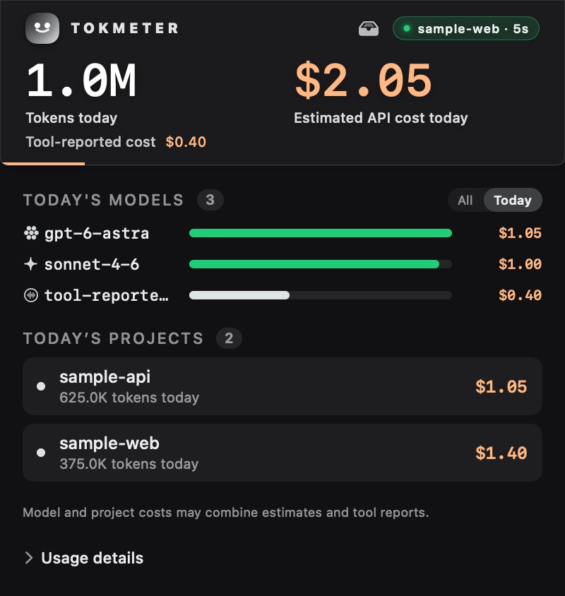 The menu bar popover in the Carbon theme, showing sample data