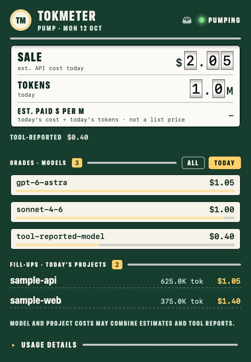 The menu bar popover in the Pump theme, showing sample data