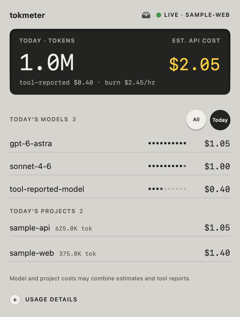 The menu bar popover in the Rams theme, showing sample data