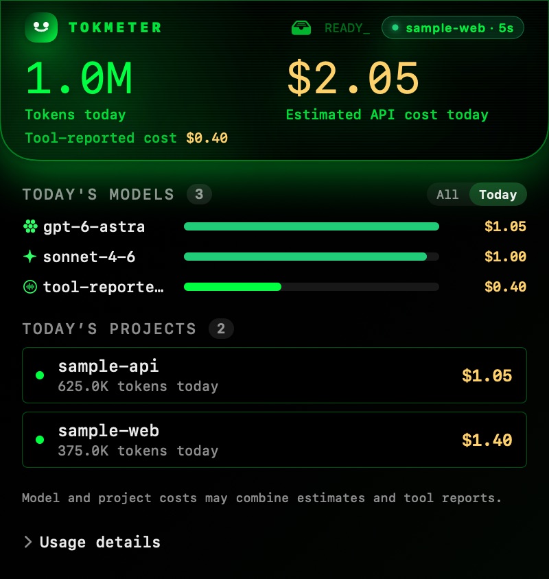 The menu bar popover in the Terminal theme, showing sample data